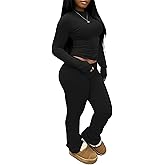 CLOCOR Womens 2 Piece Outfits Sweatsuits - Tracksuit Set Long Sleeve Crop Top & Drawstring Wide Leg Pants with Pockets