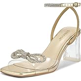 ISNOM Womens Clear Heels: Bow Rhinestone Glitter Wedding Sandals-Chunky Heel for Stability & Elegance-Adjustable Ankle Strap for Formal Events, Parties, Date Nights & All Occasions