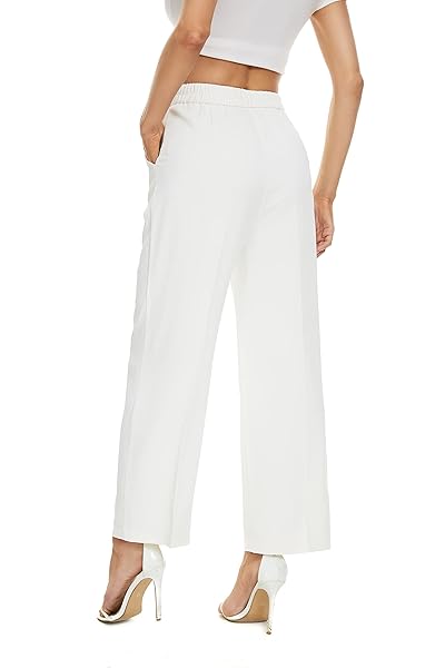 FUNYYZO WOMEN LOOSE PLEATED FRONT PANTS WIDE LEG CROPPED STRAIGHT TROUSERS WITH FAKE POCKET IN THE WAIST WHITE