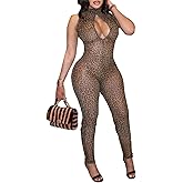 Molilove Women's Sexy Cheetah Print Jumpsuits Mesh See Through Hollow Out Top Bodycon Pant Romper Y2K One Piece Outfits