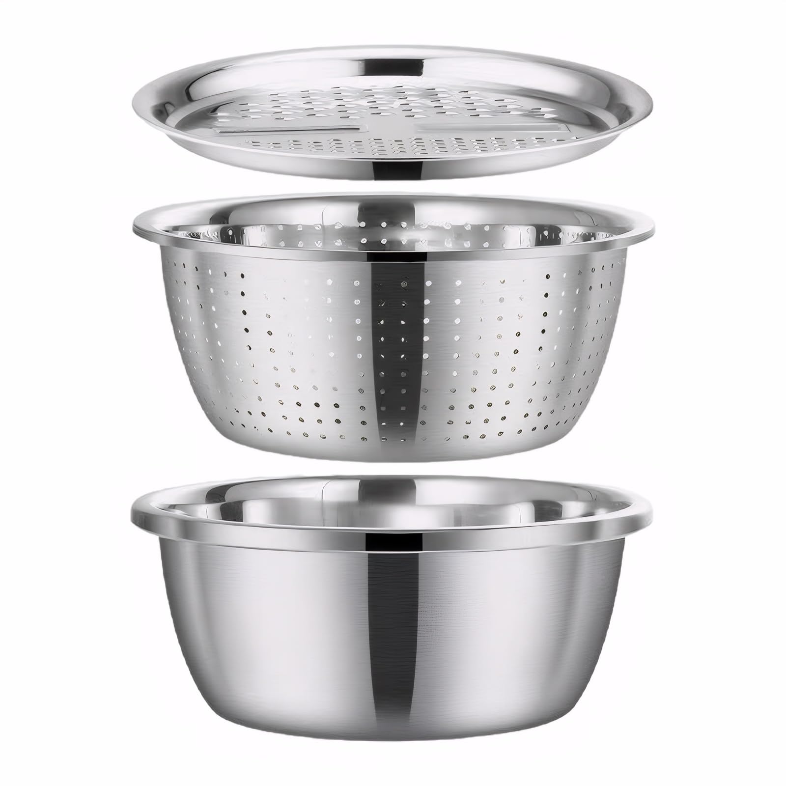 Photo 1 of 1 Set of Multifunctional Stainless Steel Basin,3-in-1 Stainless Steel Basin Strainer Set,Including Solid Basin Drainer and Grater,Easy to Clean and Improve Cooking Efficiency (10.24in)