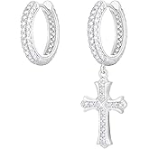 KRKC Cross Earrings, Sterling Silver Hypoallergenic Hoop Dangle Earrings for Men, 14K Gold Plating Cross Dangle Drop Earrings For Men Women