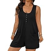 Eytino Women Plus Size Rompers Casual Sleeveless Button Down Jumpsuits Loose Fit One Piece Outfits with Pockets(1X-5X)