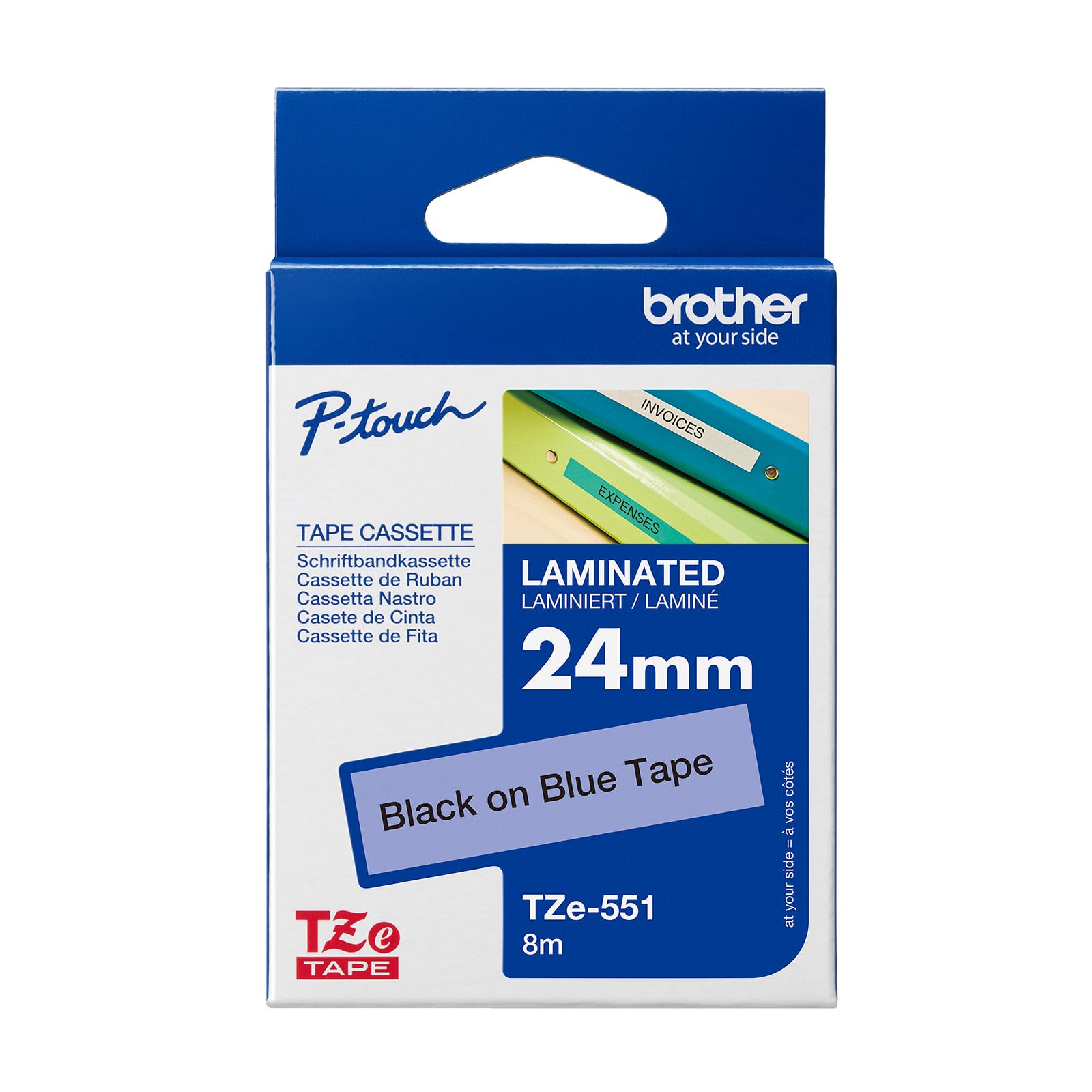 Brother TZe-551 Labelling Tape Cassette, 24 mm (W) x 8 m (L), Laminated, Brother Genuine Supplies - Black on Blue