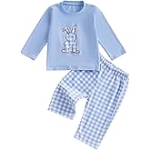 DSOKUHIB Toddler Baby Boy Easter Outfit Bunny Carrot Embroidery Long Sleeve Shirt Plaid Casual Pants Set 2Pcs Clothes
