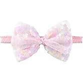 Litwlly Bow Lace Headband for Baby Girls, Cute Bow Knot Hairband Pearl Elastic Headwrap for Newborn Infant Toddlers (Pink)