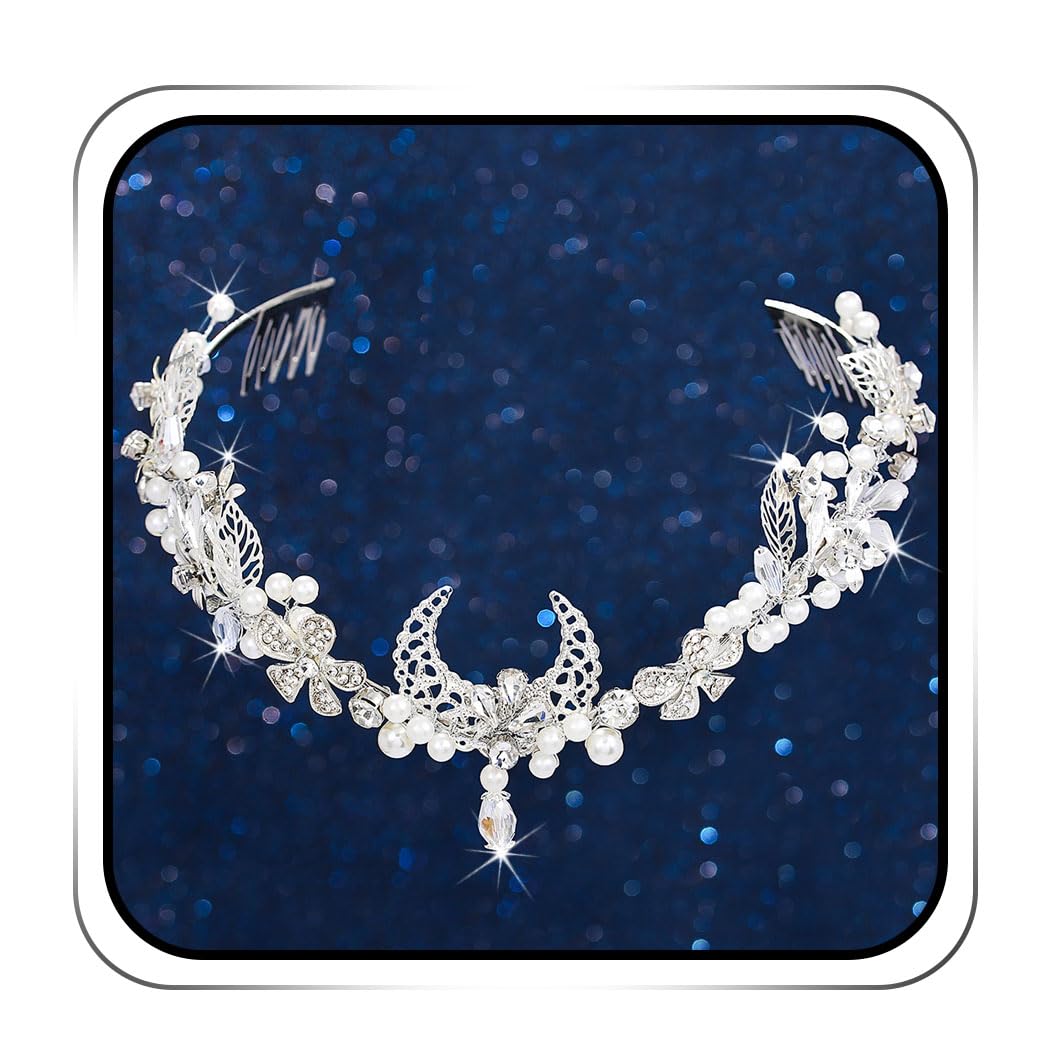 IYOU Moon Bridal Wedding Crown Silver Pearl Flower Headpiece Tiara Flower Bride Bridemaid Hair Accessories for Women
