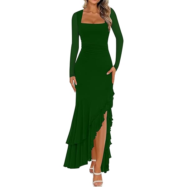 VERWIN Women's Fringe Maxi Dress High Waist V Neck Tiered Tassels Dress  Ruffles Sleeve Bodycon Prom Dress M Black at Amazon Women's Clothing store