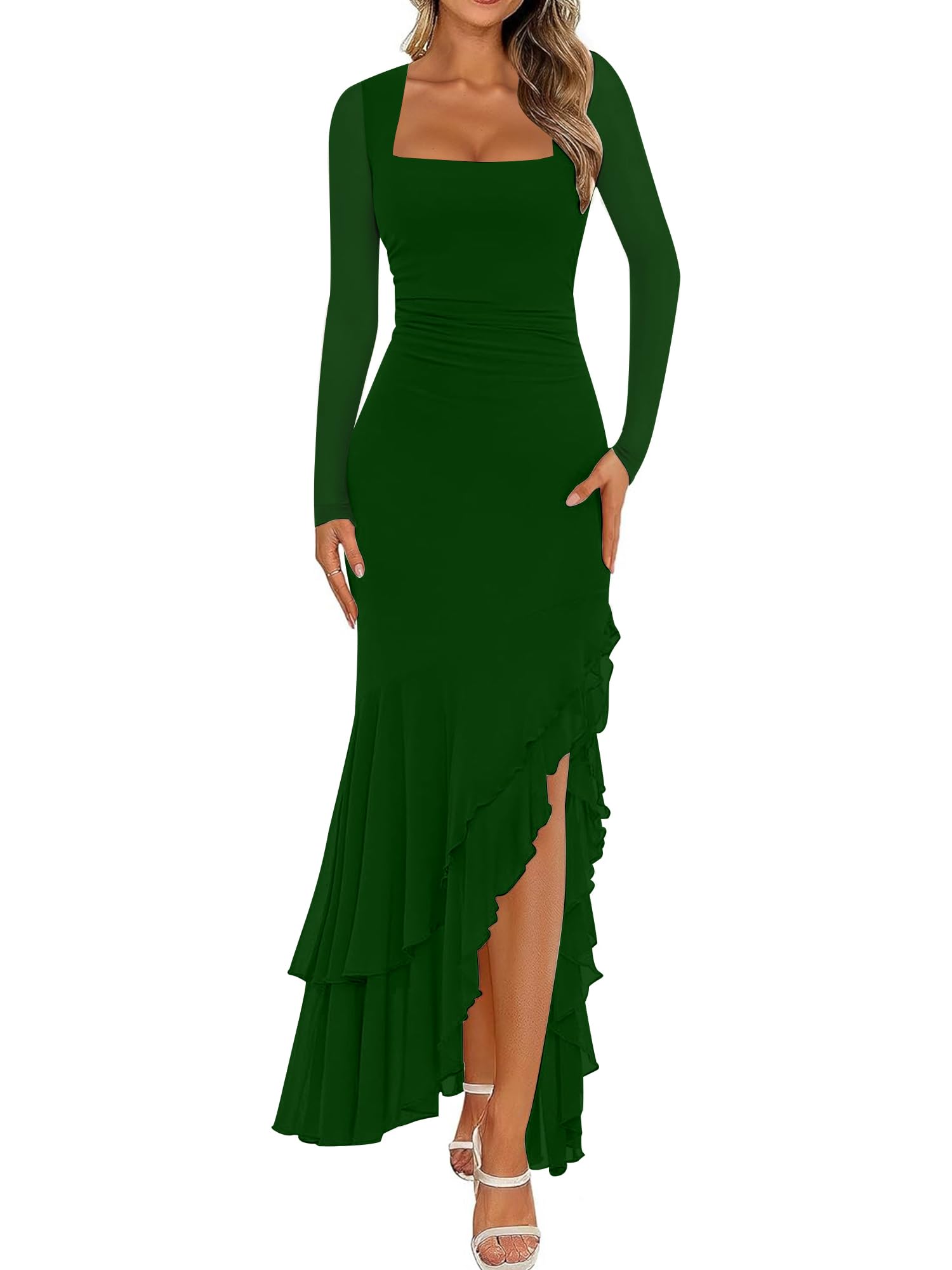 Photo 1 of BORIFLORS Women's Bodycon Ruched Mesh Long Sleeve Maxi Dress Mermaid Ruffle Formal Cocktail Party Long Dresses, X-Small, Dark Green