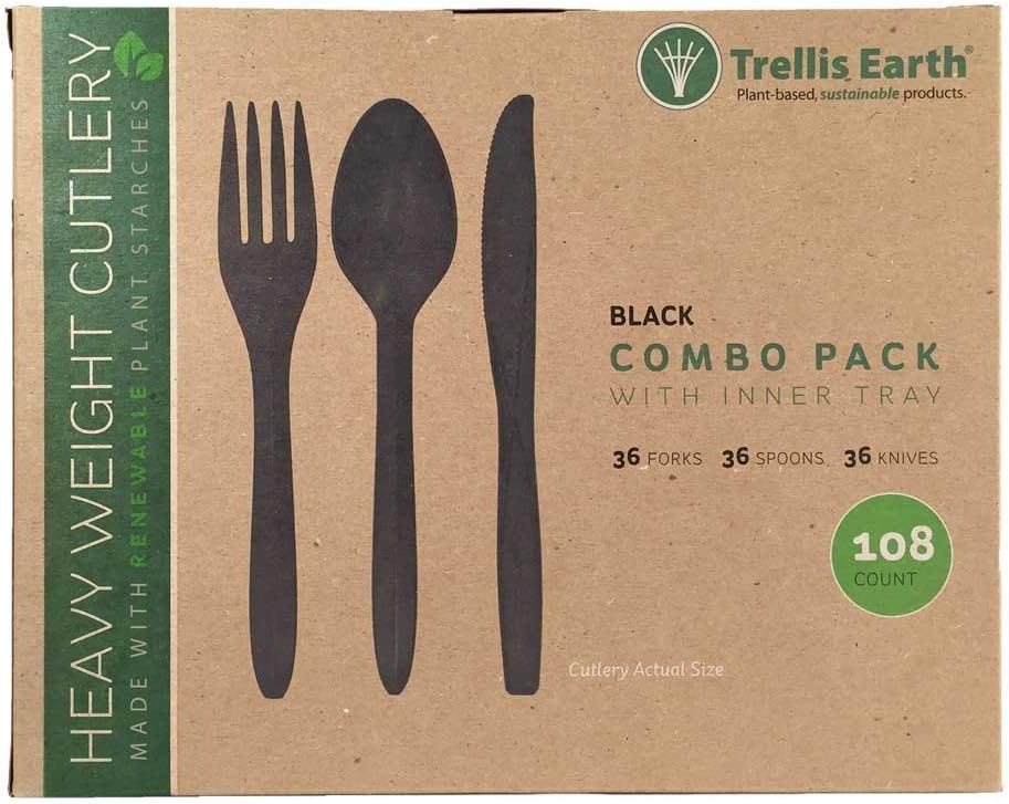 Trellis Earth TRR-CC-B108-CASE Heavyweight Bioplastic Cutlery Retail Box, 6" Length, Black, Case of 6