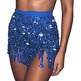 Woent Boho Sequin Belly Dance Skirt Hip Belt Tassel Skirt Hip Wrap Scarf Rave Music Festival Costume for Women Girls