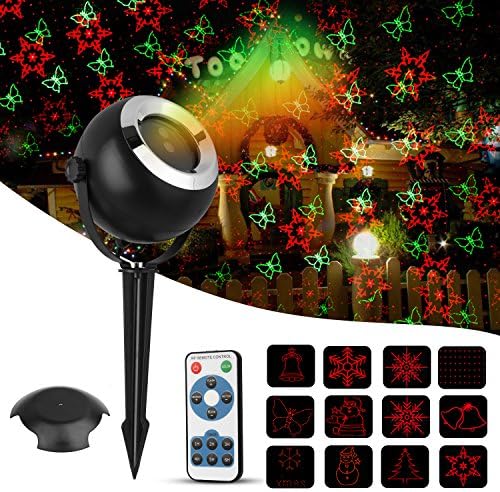 Christmas Projector Light, TGJOR 12 Patterns Red&amp;Green LED Waterproof Indoor&amp;Outdoor lasher Light with RF Wireless Remote Control and Smart IC Protection for Xmas ,Party, Bar and Holiday Decoration
