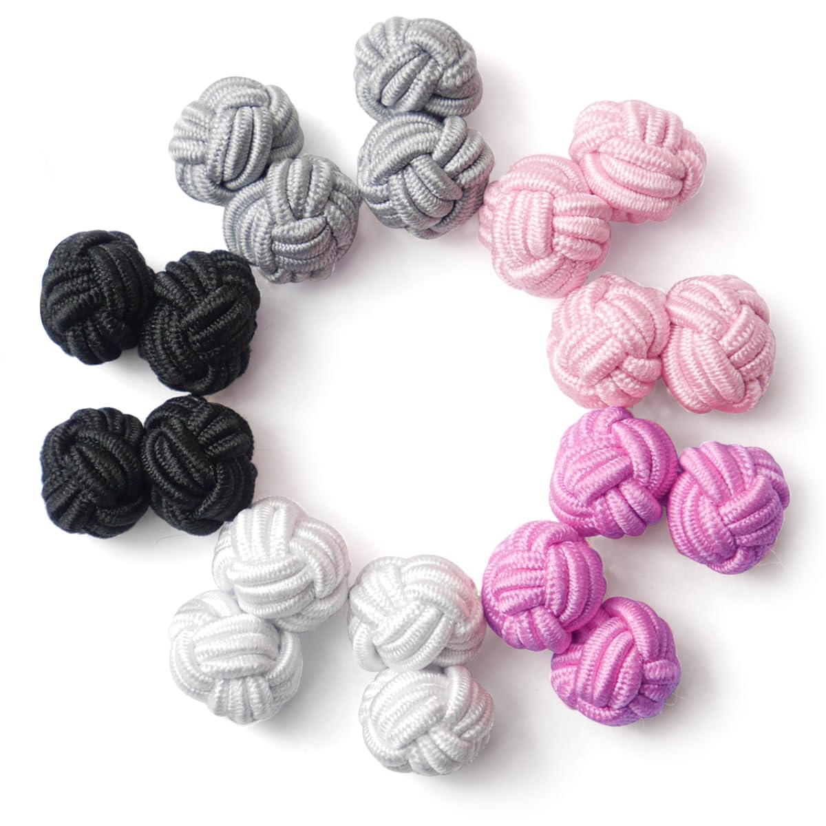 HONEY BEAR 5 Pairs Mens/Women Silk Fabric Knot Twisted Cufflinks Set, for Shirt/Dress Business Wedding,Round Shape with Box (Pink Black White with box)