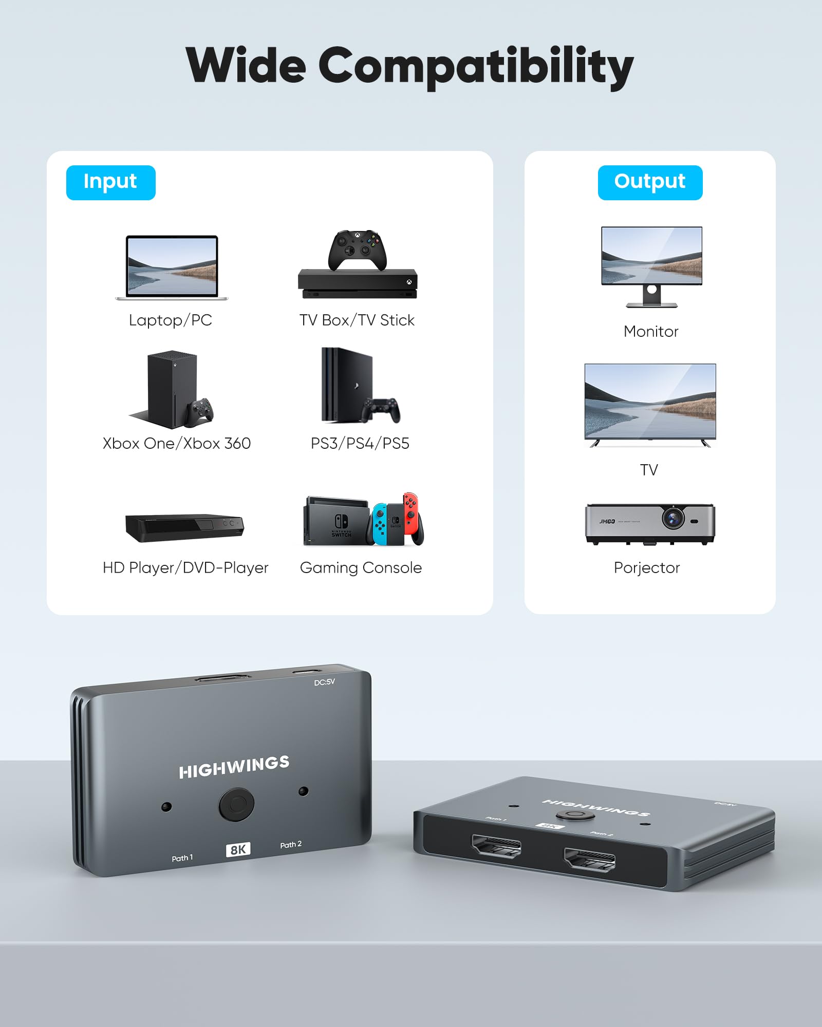 HDMI 2.1 Switch 8K HDMI Splitter, Highwings [Upgrade, Bidirectional] 4K@120Hz HDMI Switcher 2 in 1 Out Supports 8K@60Hz, Aluminum HDMI Switch Selector for PS4/PS5 Xbox Roku Apple TV Fire Stick Sony TV