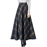 ebossy Women's Vintage High Waist Wool Blend Plaid A-Line Long Maxi Skirt with Pocket