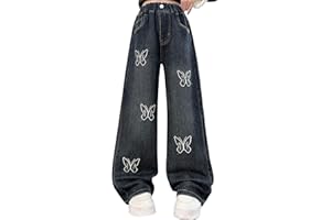 Girls Y2K Baggy Jeans Elastic High Waist Wide Leg Washed Denim Pants for Tween Girls Loose Fit Butterfly Embroidered Bottom