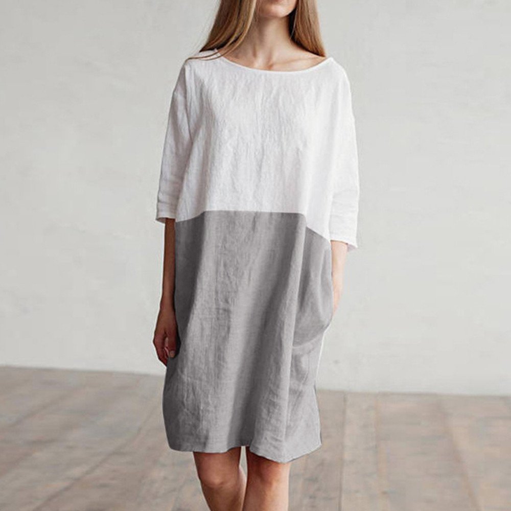 POTO Women Dresses, Loose Color Stitching Casual Dresses with Pockets Cotton Linen Tunic Dress Party Dress Beach Dress