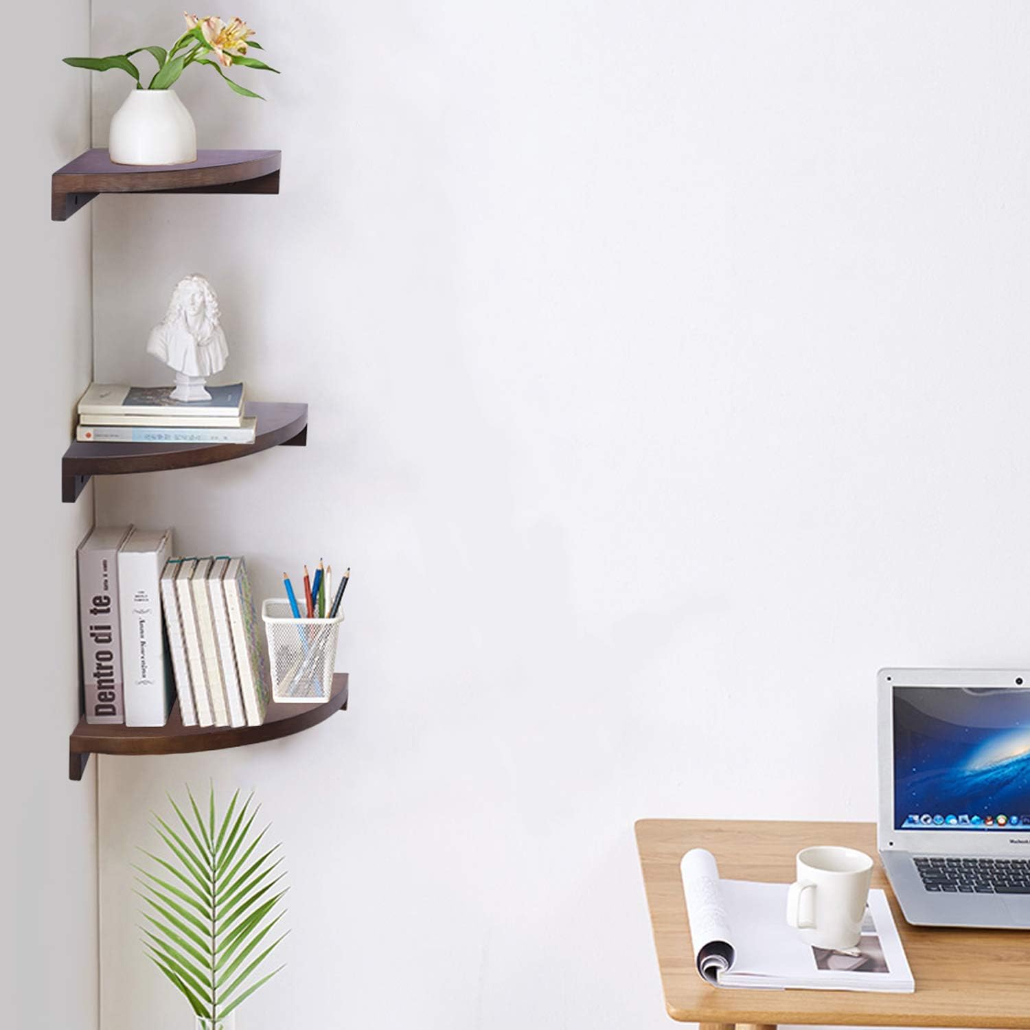 OROPY 3 Tier Radial Corner Shelves for Wall , Solid Wood Floating Corner Storage Shelves - Ideal for Display of Books, Small Plant, Photos, Wall Décor ( One Set of 3 ): Kitchen & Dining