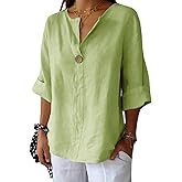 TERIVEEK Summer Linen Shirts for Women Button Down V Neck 3/4 Sleeve T-Shirt Blouse Casual Loose Basic Solid Tunic Tops 2025
