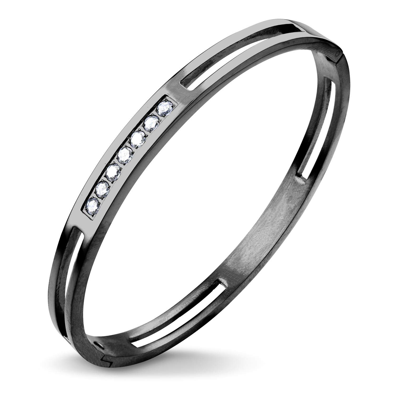 555Jewelry Womens Stainless Steel Sparkly Timeless Stylish Fashion CZ Cubic Zirconia Stone Fashion Jewelry Accessory Hinged Lock Love Hollow Cuff Band Bangle Bracelet, Black