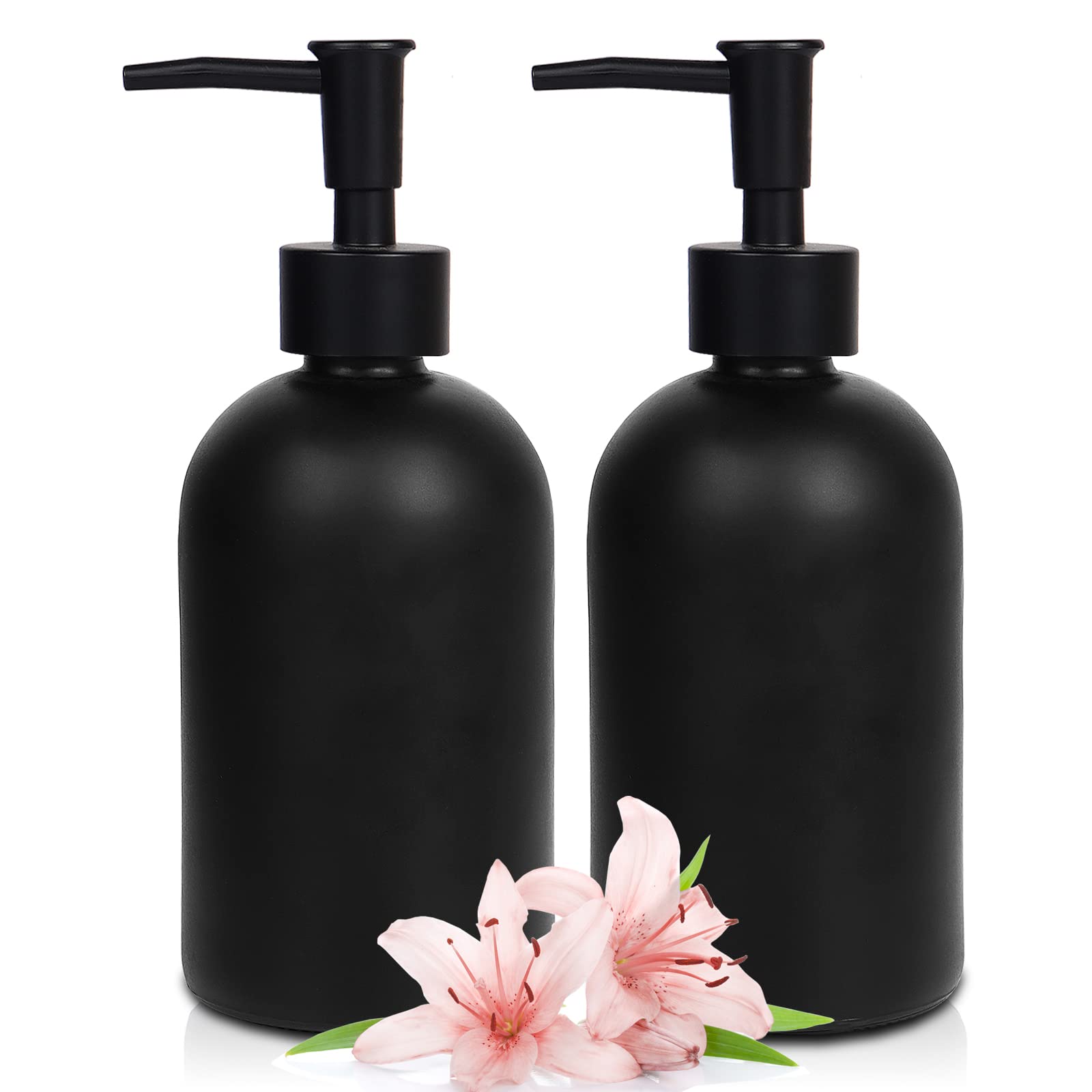 2 Pack Glass Soap Dispensers, 410 ML/14.5oz Pump Bottle Dispenser, Refillable Hand Soap Dispenser Bottle for Kitchen, Bathroom, Laundry Room (2 PCS Black)