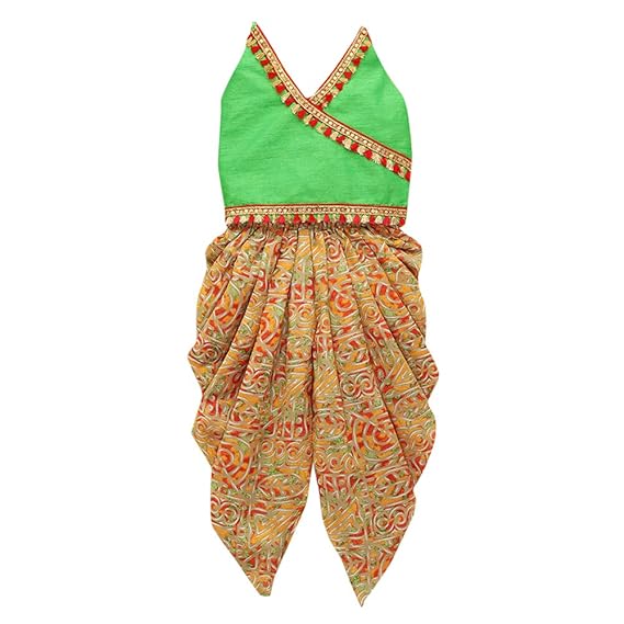 Kid1 By Hopscotch Baby Girls Dupion Silk Angrakha Top With Aztec Print Dhoti in Green Color