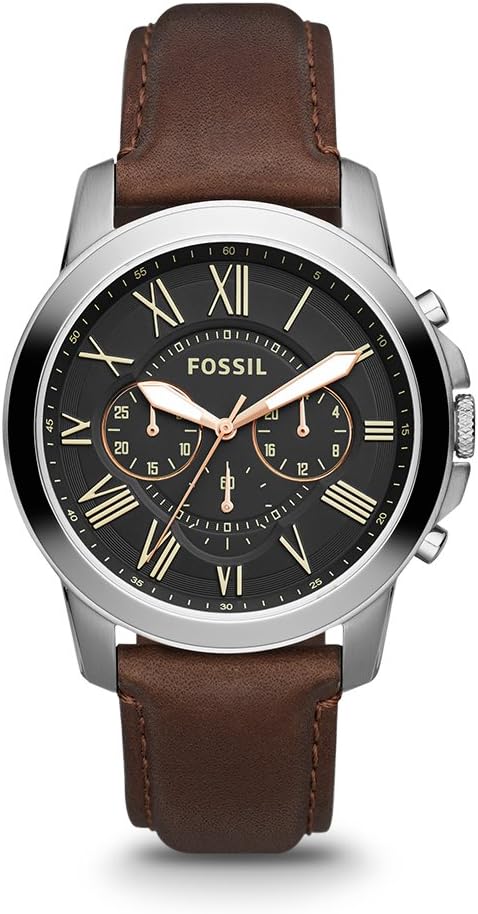 Fossil Men's 44mm Grant Stainless Steel Chronograph Watch With Black Dial and Brown Leather Strap