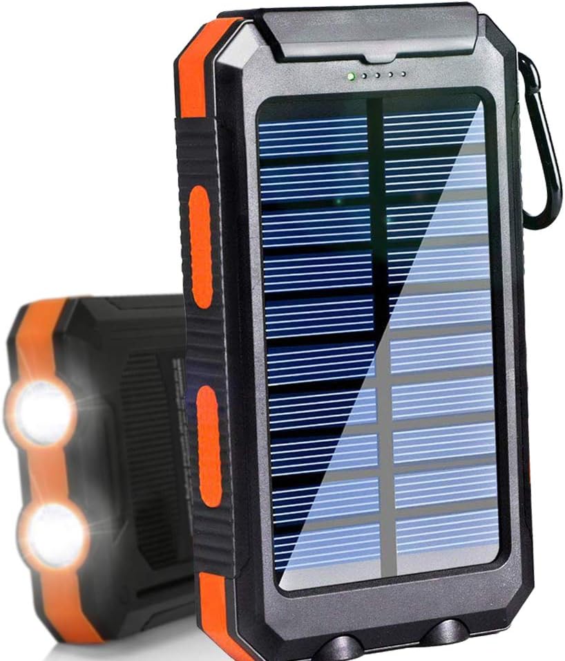 Solar Charger 20000mAh Portable Outdoor Waterproof Mobile Power Bank, Backpack Camping External Backup Battery Pack Dual USB with 2 LED Flashlight Compass for iPhone Android