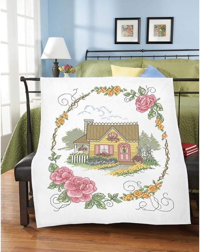 Herrschners Cozy Cottage Lap Quilt Top Stamped CrossStitch