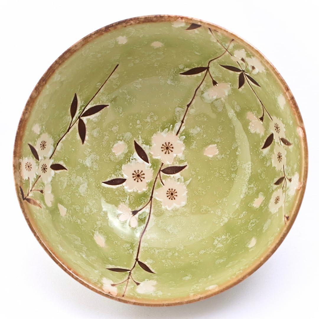 Japanese Ramen Bowl – [Green Cherry Blossoms] 17cm Ceramic Noodle Bowl, Made in Japan – Perfect for Ramen, Pho, Udon – Instagram-Worthy Giftable Tableware