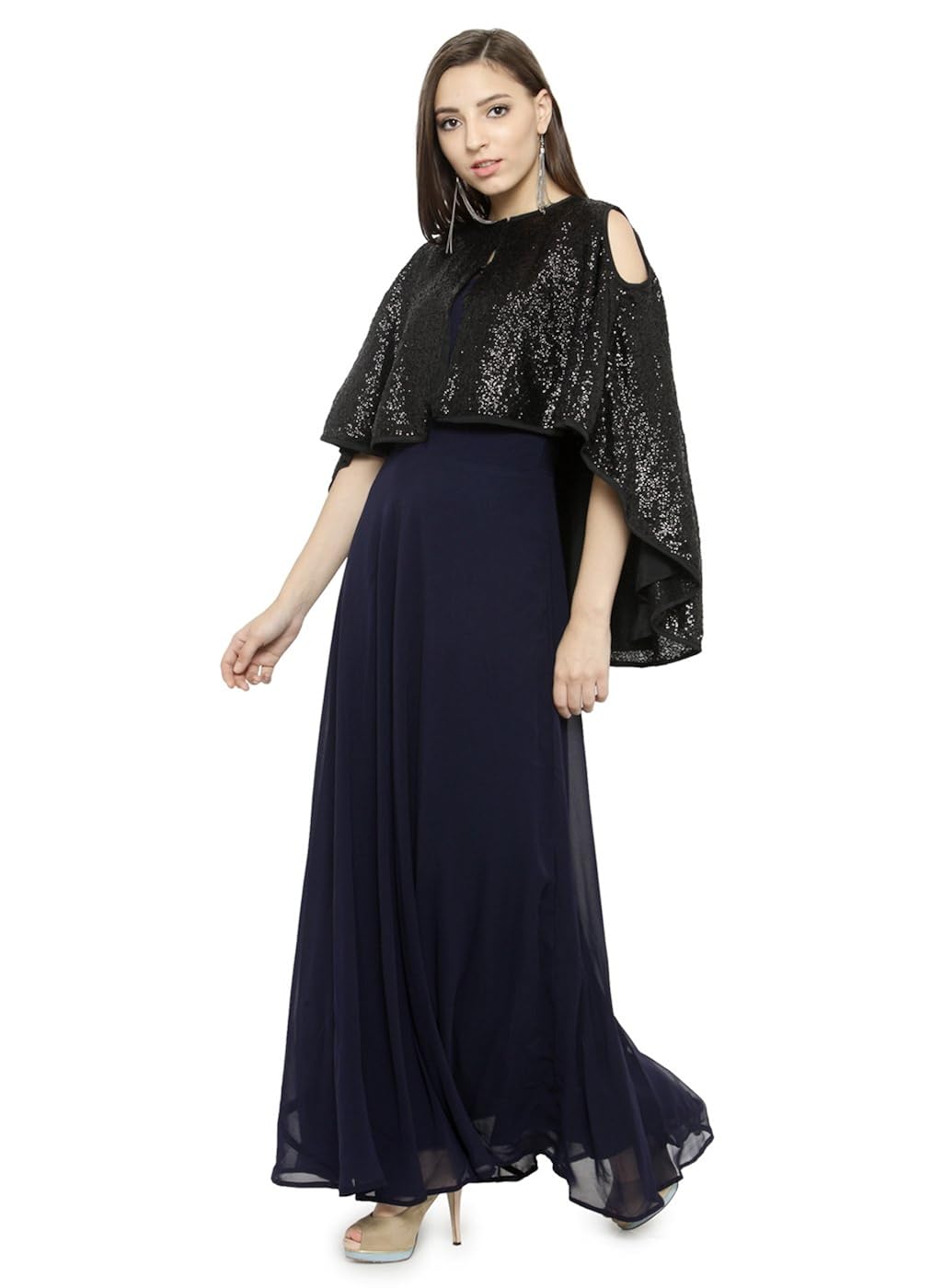 just wow navy blue & black poly georgette women's dress