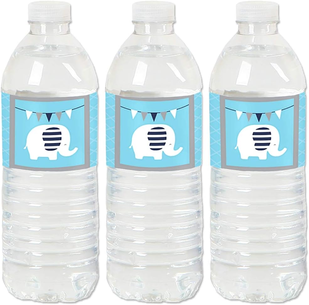 Blue Elephant - Boy Baby Shower or Birthday Party Water Bottle Sticker Labels - Set of 20
