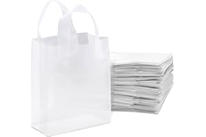 Prime Line Packaging Clear Plastic Bags with Handles for Small Business, Welcome Goodie, Frosted Gift Tote Bags for Boutiques, Events, Bulk, 8x4x10, 50 Pack