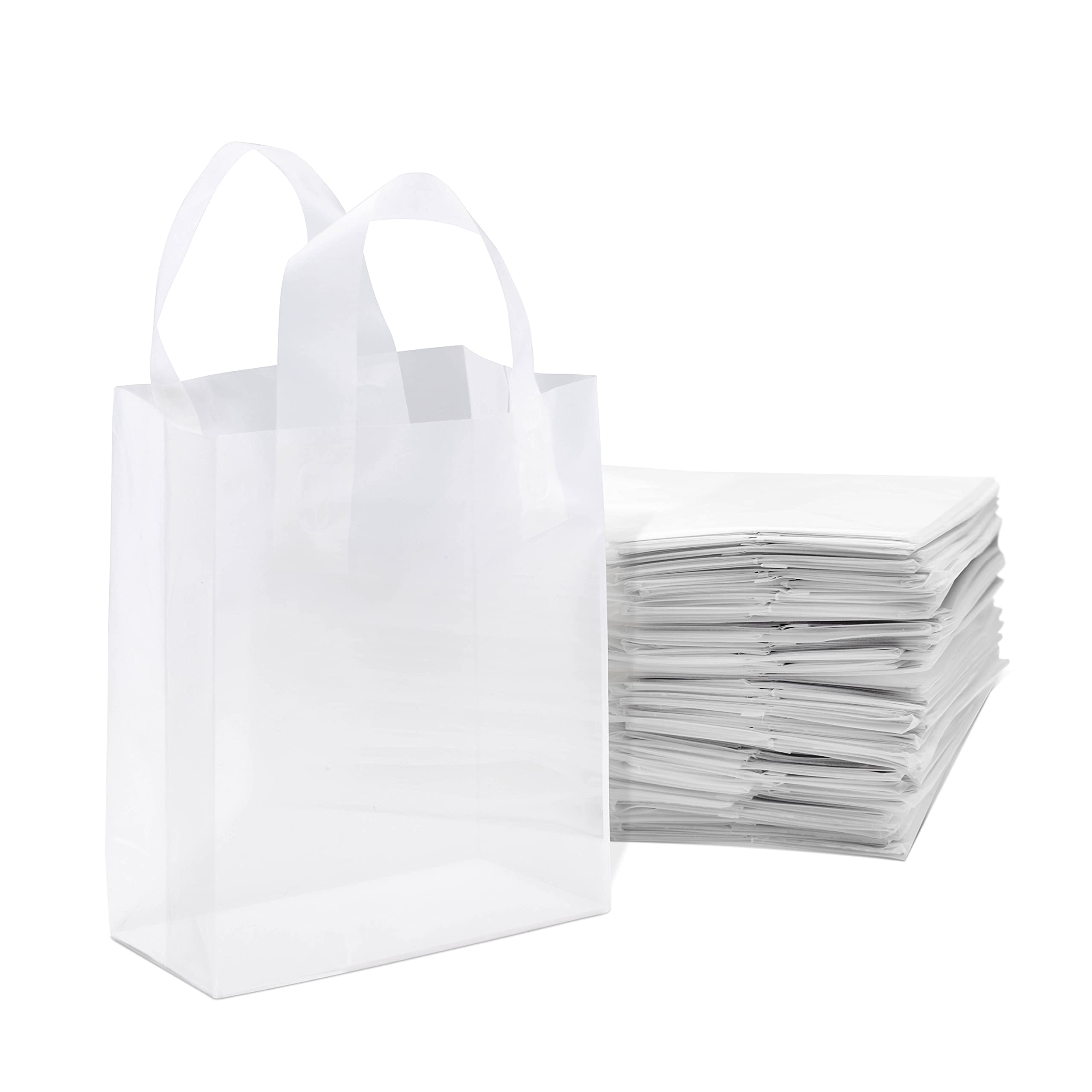 Prime Line Packaging 8x4x10 50 Pack Small Frosted White Clear Bags, Plastic Bags with Handles, Shopping Bags for Small Business, Merchandise Bags Bulk
