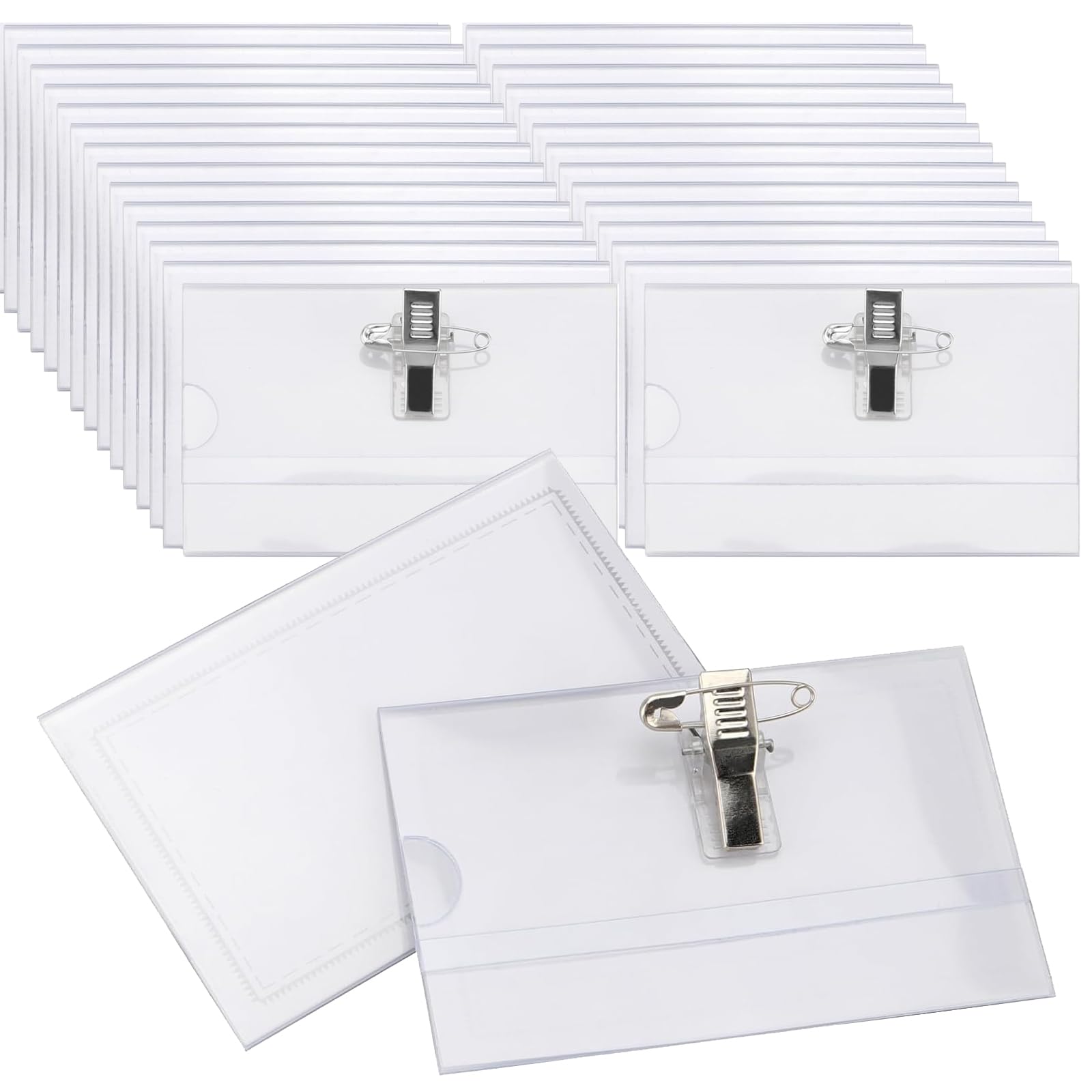DAKFOOK 100 Pcs Plastic Name Badges, 9 x 5.6cm Clear Name Badge Holders with Crocodile Clip and Safety Pin, Horizontal ID Card Holders for Offices, Corporate Events, Conference