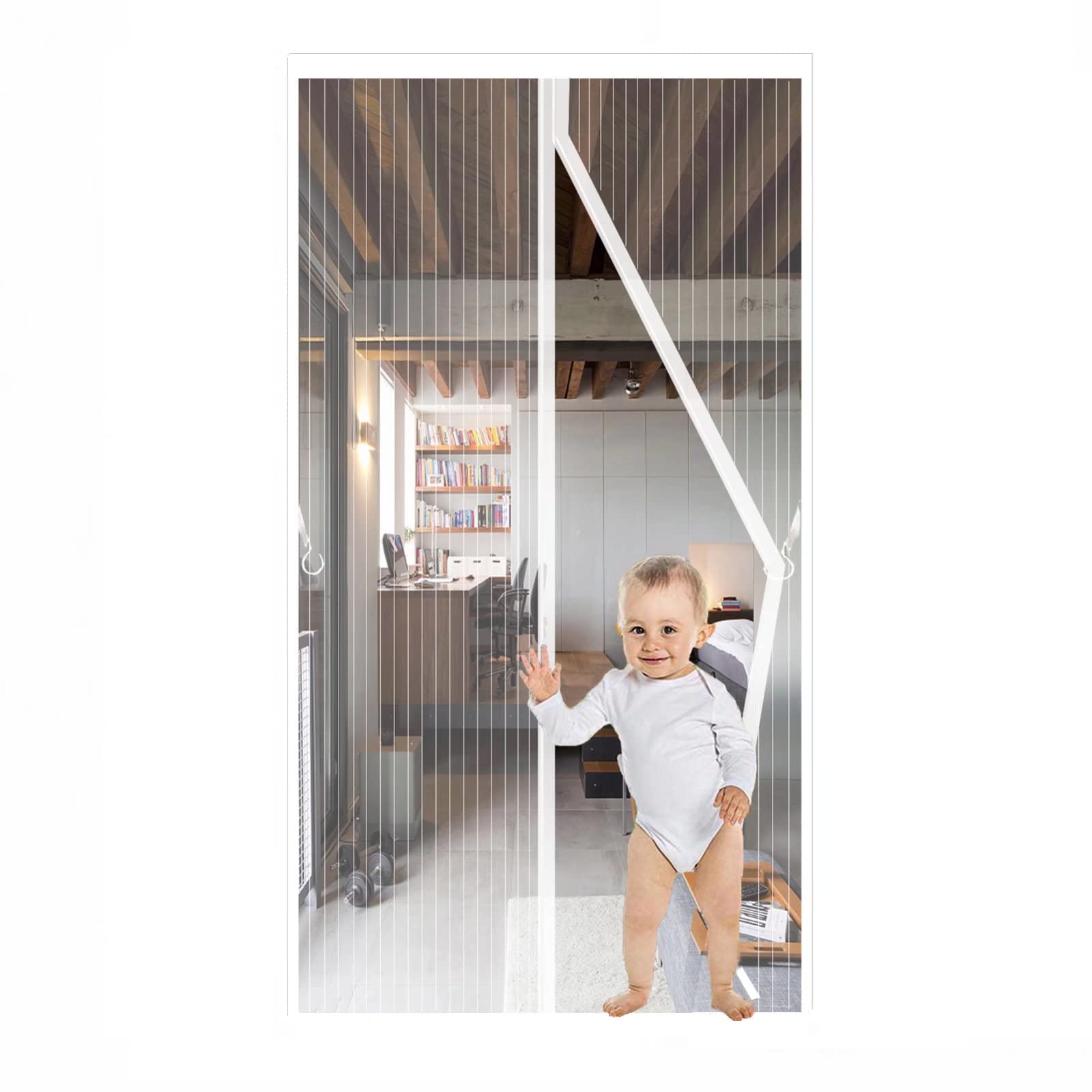 JIANJIAO Magnetic Screen Door mesh Curtain White Self Sealing,Heavy Duty,Hands Free Mesh Screen Door with Magnets Screens Door Curtain French Doors with Magic Storage Belt-White-90x210cm