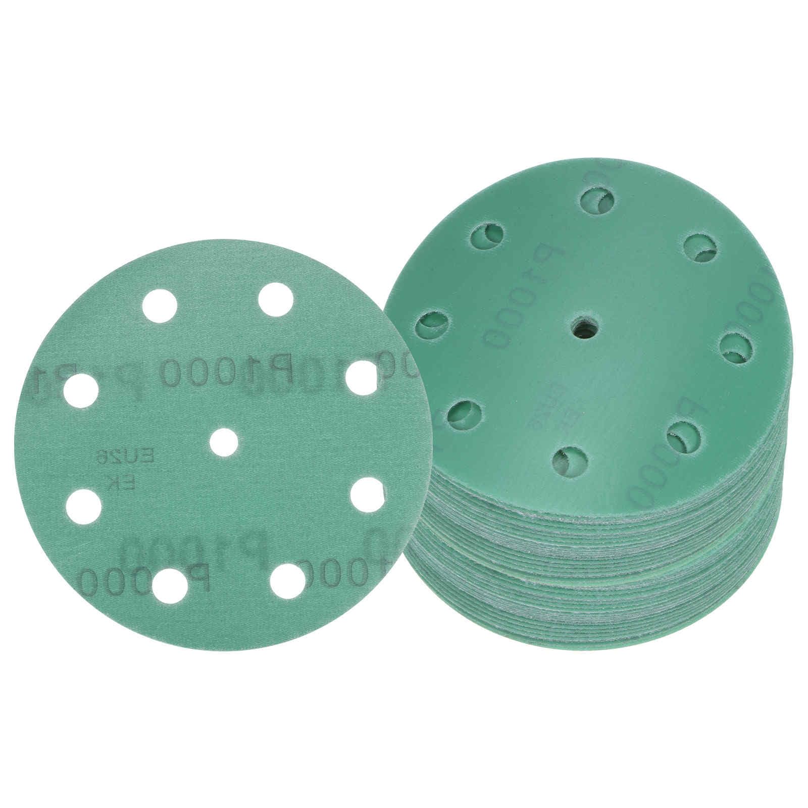 Kozelo 50pcs Green Film Sanding Discs - [5 Inch 1000 Grits 9 Hole ] Round Aluminum Oxide Hook & Loop Wet Dry Sander Pads for Wood Metal Polishing Use| Zirconium Corundum Sandpaper