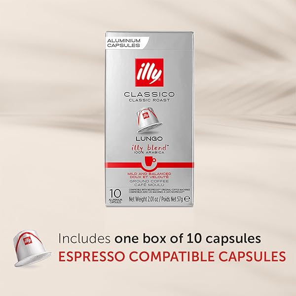 ILLY ESPRESSO COMPATIBLE CAPSULES – SINGLE-SERVE COFFEE CAPSULES & PODS – CLASSICO LUNGO ROAST – NOTES OF CARAMEL, ORANGE BLOSSOM & JASMINE COFFEE PODS – FOR NESPRESSO COFFEE MACHINES – 10 COUNT