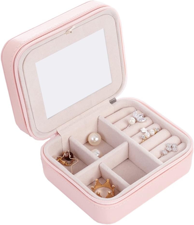 LY4U Small Faux Leather Travel Jewellery Box Organizer Display Storage Case for Rings Earrings Necklace 2 Layers with Mirror
