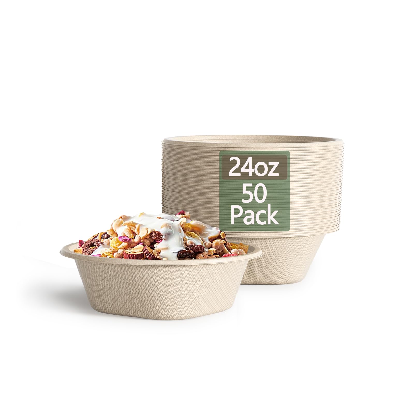 Photo 1 of Homestockplus [50 Pack] 24 Oz Disposable Paper Bowls - Heavy Duty Disposable Bowls - Made from Natural Bagasse for Cereal, Rice, French Fries - Convenient and Compostable