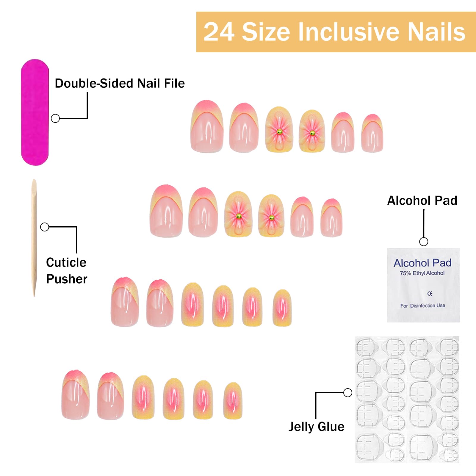 Press on Nails Short Almond SWEKKE French Tip Fake Nails False Nails with Designs 3D Flower Yellow & Pink Stick on Nails Glossy Glue on Nails Acrylic Nails for Women Girls 24 Pcs - Image 2