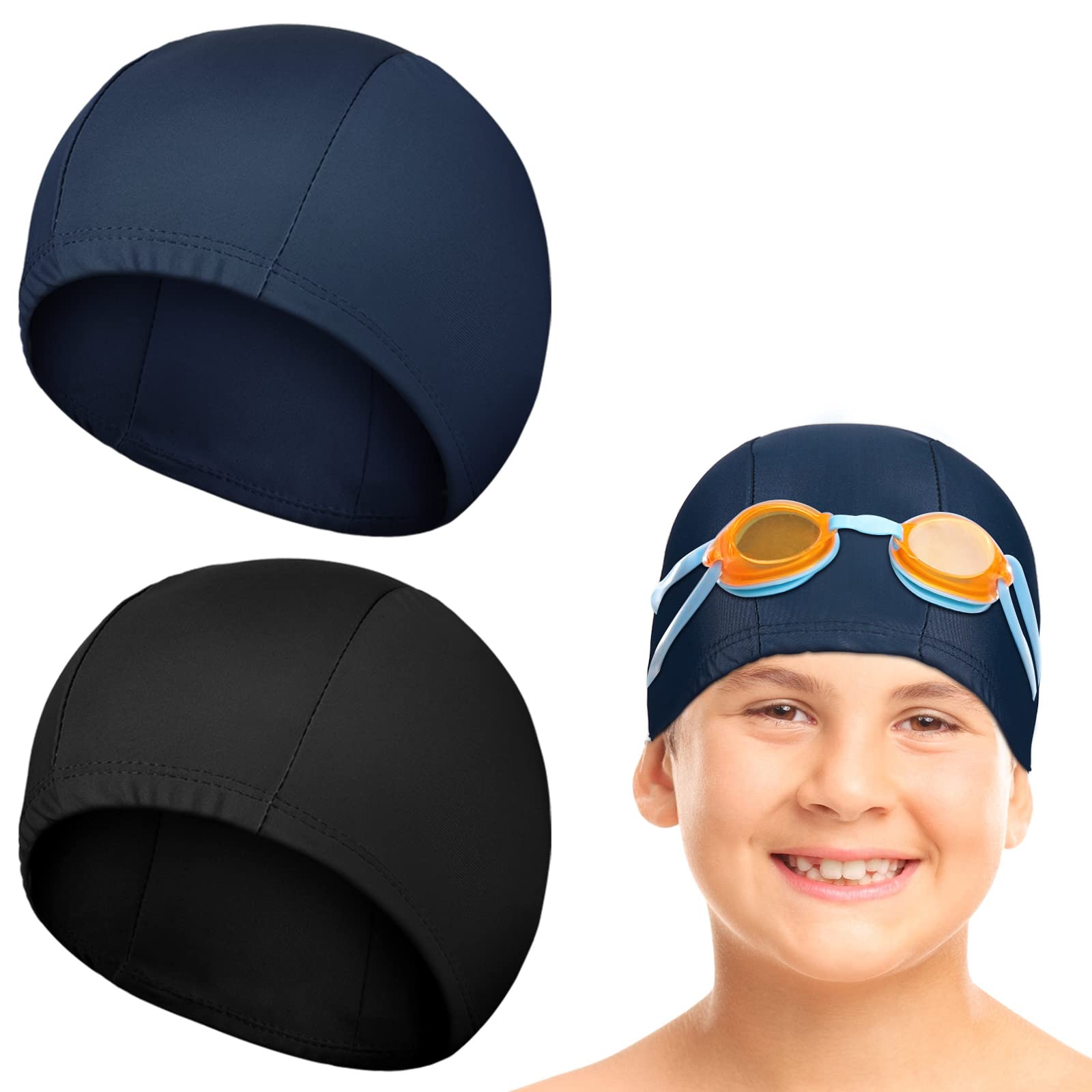 Geyoga 2 Pieces Swim Cap for Kids Waterproof Unisex Swimming Bathing Caps for Long and Short Hair Swimming Hats for Boys and Girls Children(Solid Pattern,Black, Navy Blue)