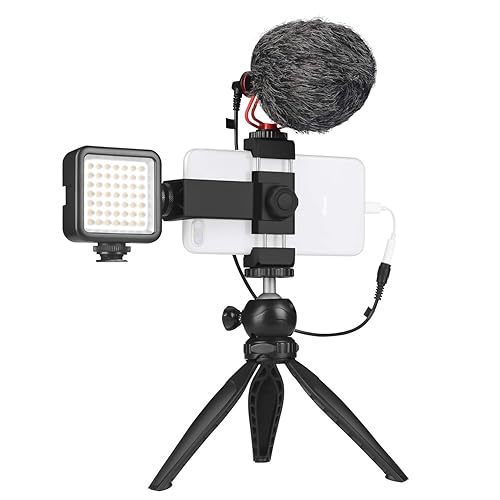 Smartphone Video Microphone Kit with LED Light,Phone Holder,Tripod