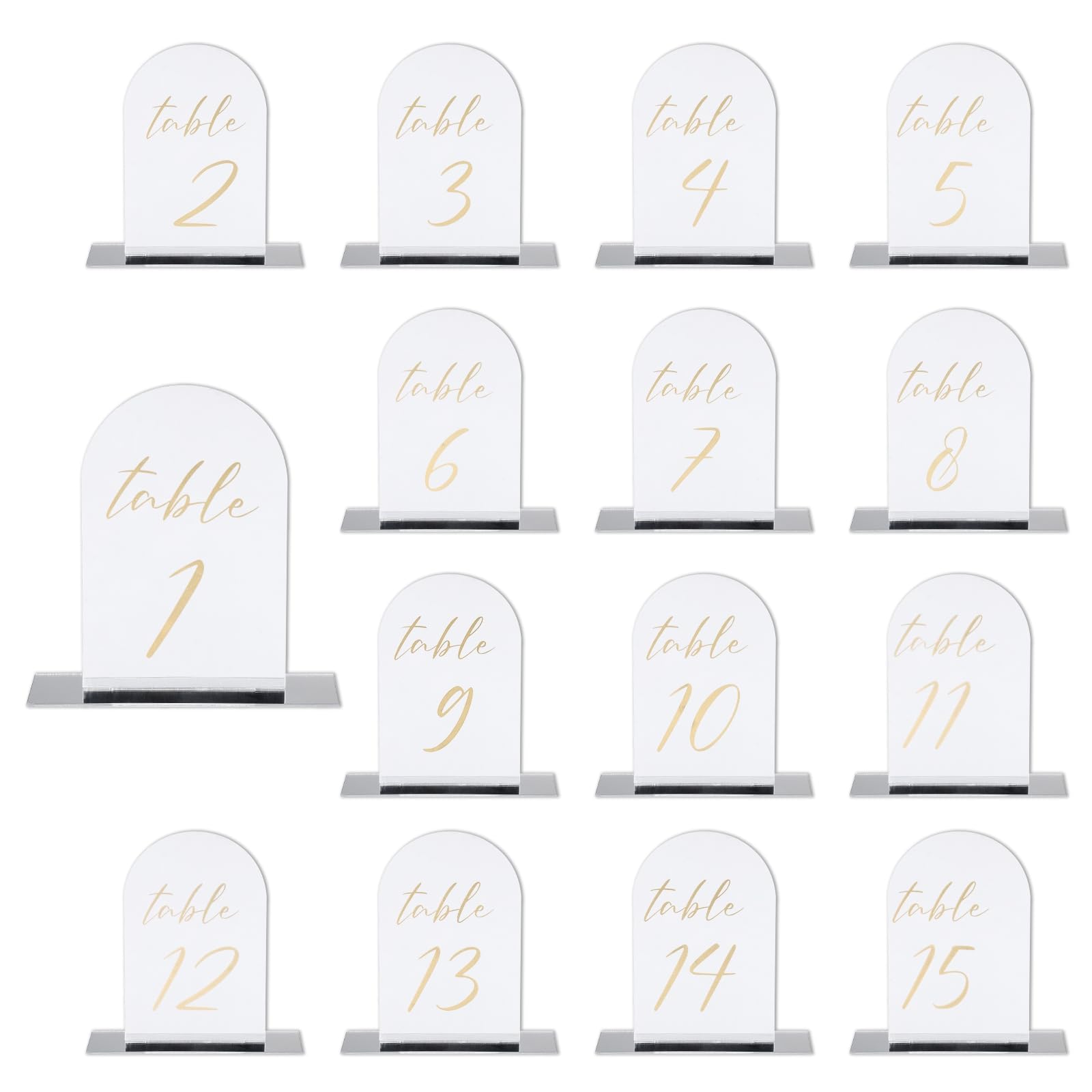 PATIKIL Wedding Table Number 1-15, 6"x4" Acrylic Display Signs and Holder for Weddings Receptions with Stand Parties Events Centerpiece, Double-Sided Mirror Background Gold Text