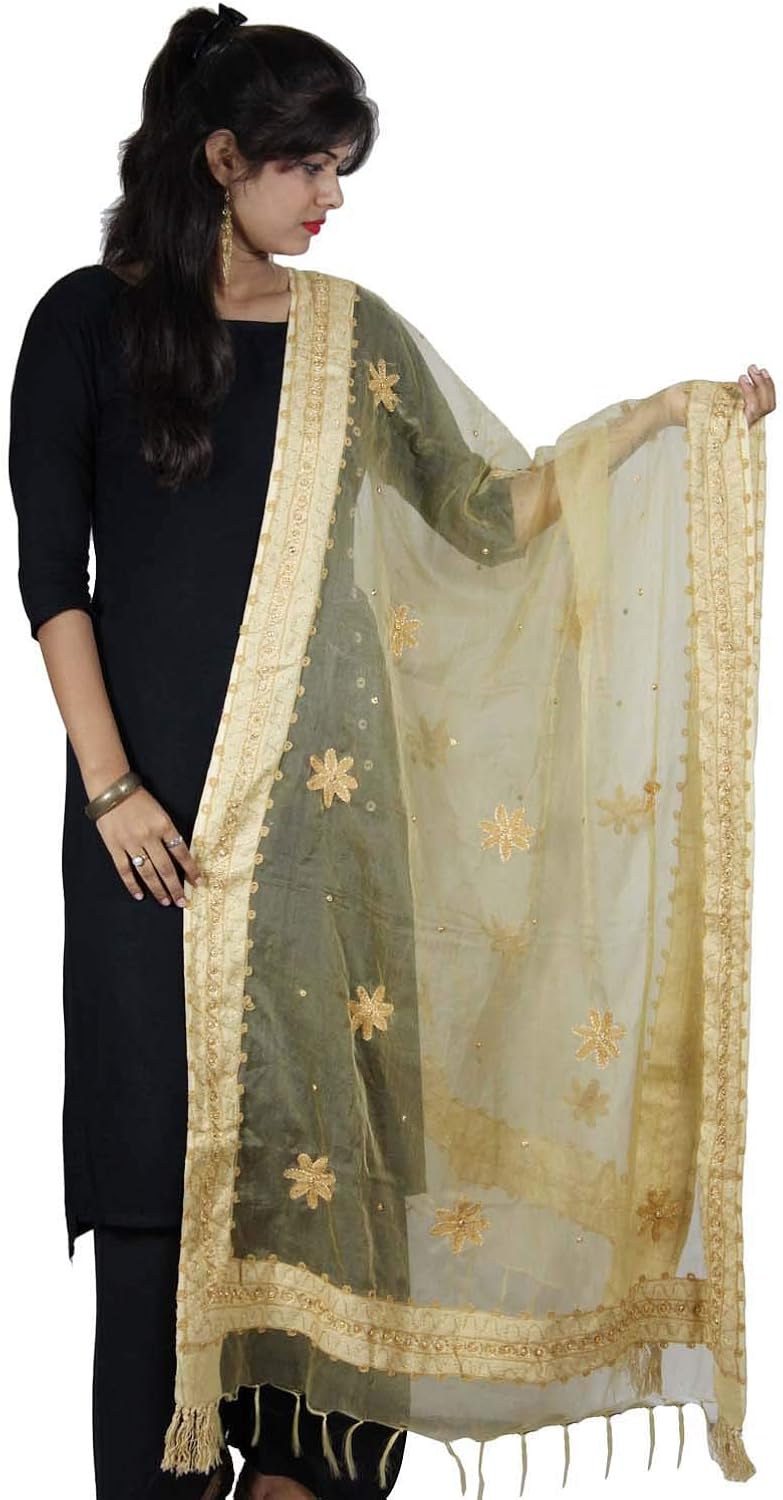 Dupatta Golden Scarf Thread Embroidery With Beaded Work Organza Stole