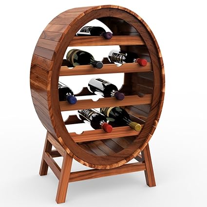 Wooden Wine Rack Barrel Shape 12 Bottles Holder Free Standing