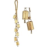 Bellshub Christmas Cow Bells Decoration - 7 Rustic Vintage Iron Bells on Rope - Holiday Wind Chime Garland - Handmade Brass Coated Bells for Christmas Tree, Home Decor & Farmhouse Style