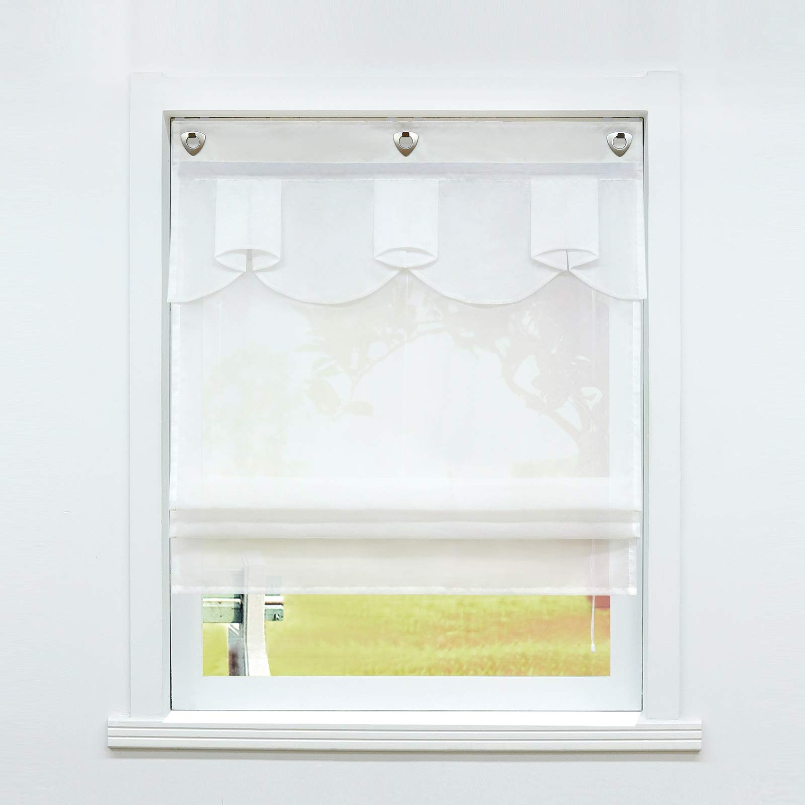 SCHOAL Roman Blind No Drilling Roman Curtains with U-Hook Kitchen Curtains with Eyelets Transparent Voile Oval Figure Pattern White W x H 80 x 140 1 Piece