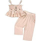 Aenbilo Toddler Baby Girl Clothes Summer Outfits Cute Bow Button Ruffle Camisole Pants Set 9-36 Months
