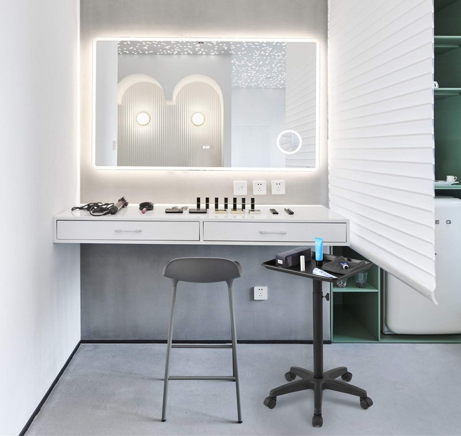 Salon Tray Beauty Rolling Trolley Cart Hair Spa Equipment Height Adjustable Swivel for Home,Office,Salon,Massage,Factory,Shop(Black): Kitchen & Dining